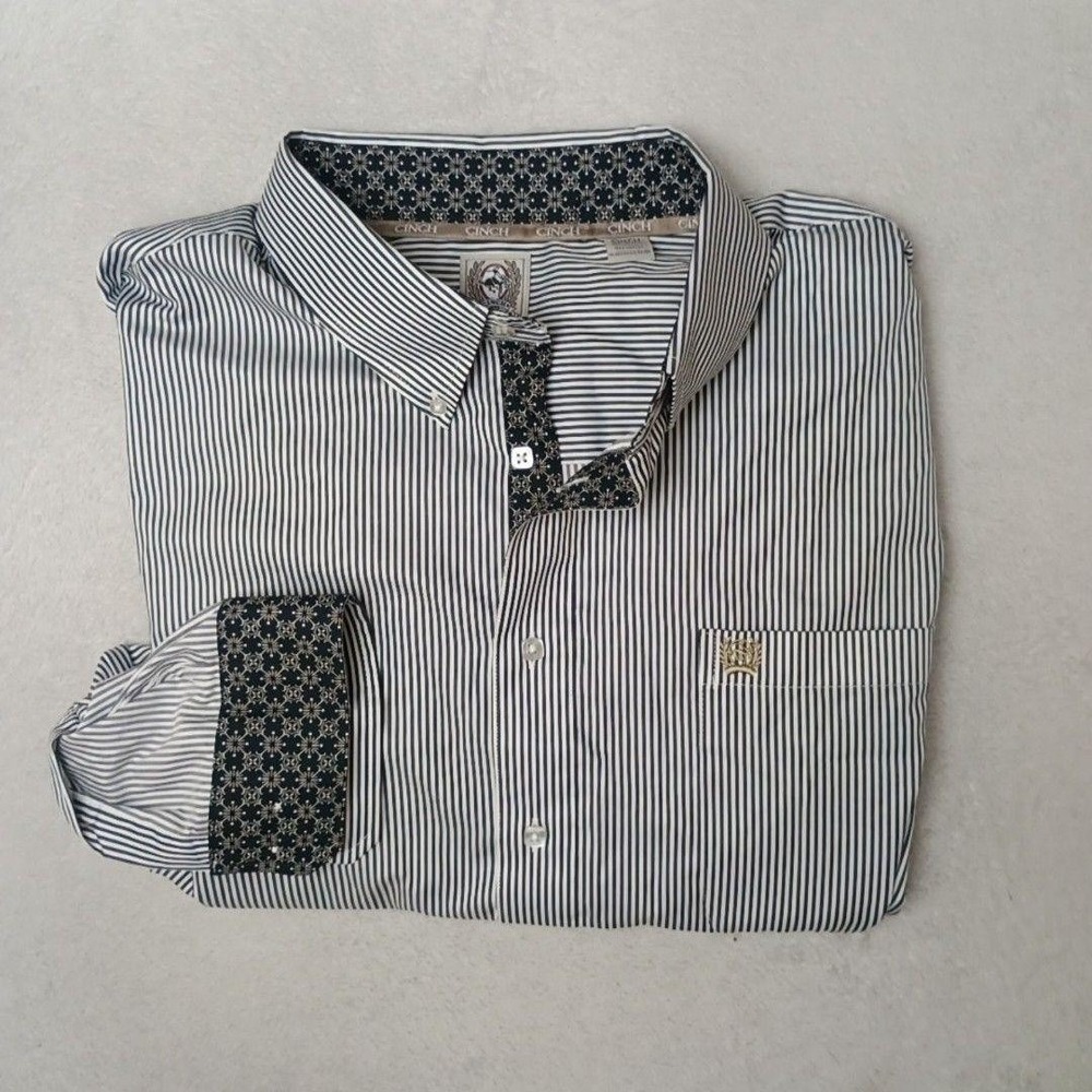 Cinch Shirt Mens XL White Black Striped Button-Up Contrasting Trim Western Rodeo